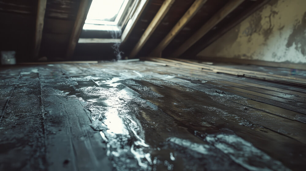 Water pooling on wooden floorboards in a dimly lit attic with exposed beams and an open skylight allowing natural light