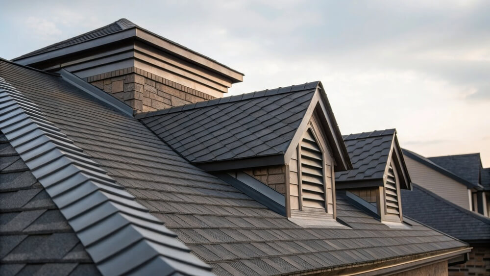 A dynamic angle capturing a combination of ridge vent sections and roofing shingles focusing on the contrast between the smooth engineered lines of ventilation pieces