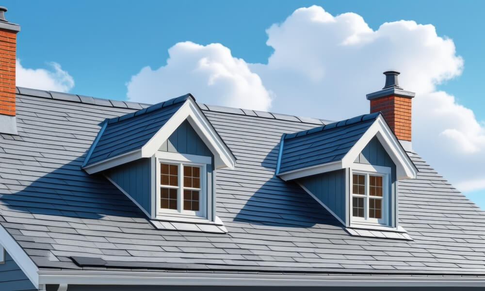 Modern gabled roof with chimneys and dormer windows against a cloudy blue sky