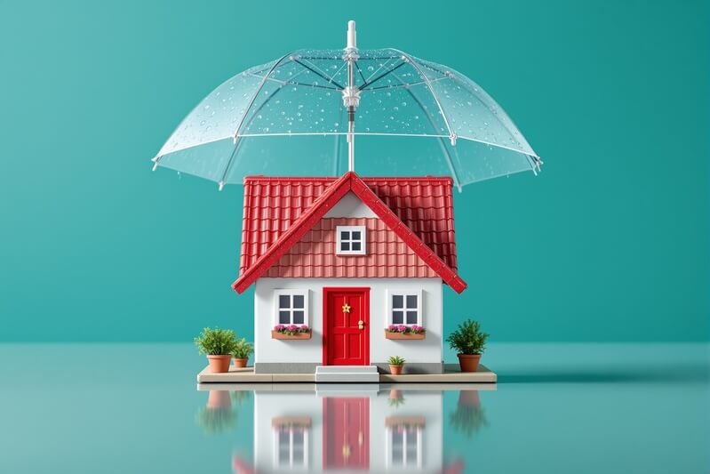 Miniature house with red roof under clear umbrella with water droplets on turquoise background. Concept of home insurance, protection, security. Ai generative