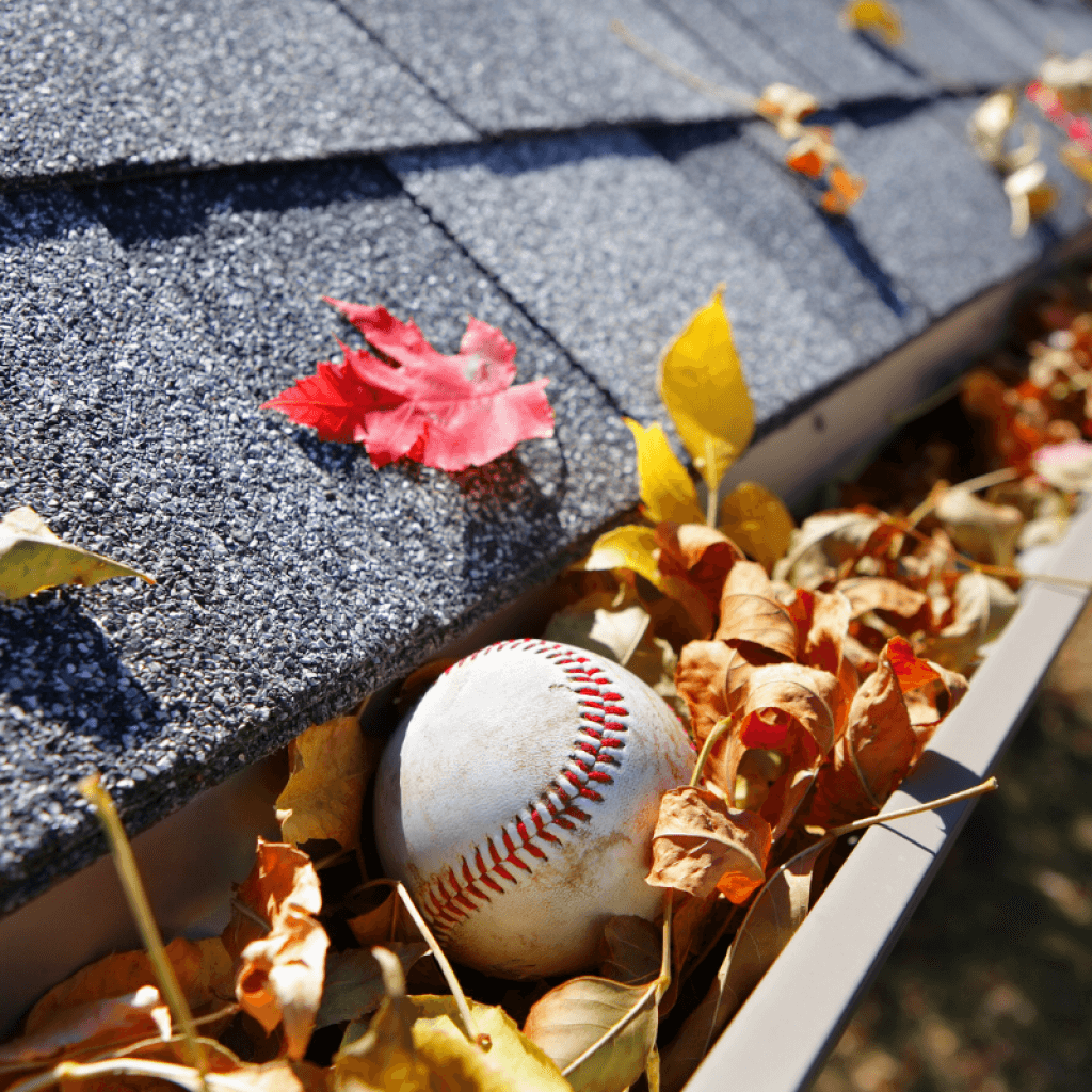 gutter with leaves and ball